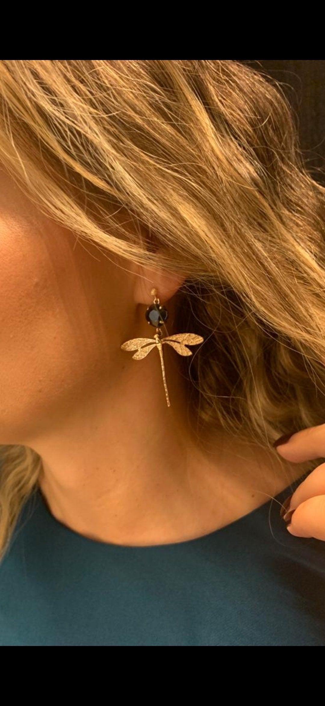 Statement Dangle Earrings; Party Earrings; Gold and Blue Stone Earrings; Dragonfly Earrings; Gift for her; Party and Wedding Guest Earrings;