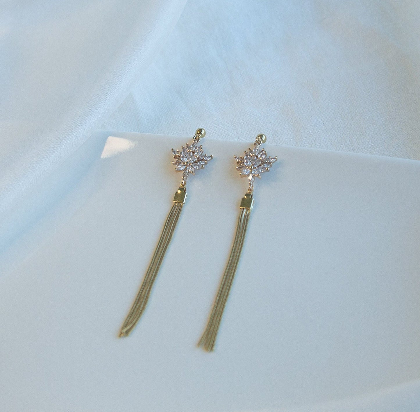 Gold Chain Bridal Statement Earrings; Dangle Earrings; Crystal Earrings; Zirconia Earrings;Floral earrings;Wedding jewellery;Gift for Bride;