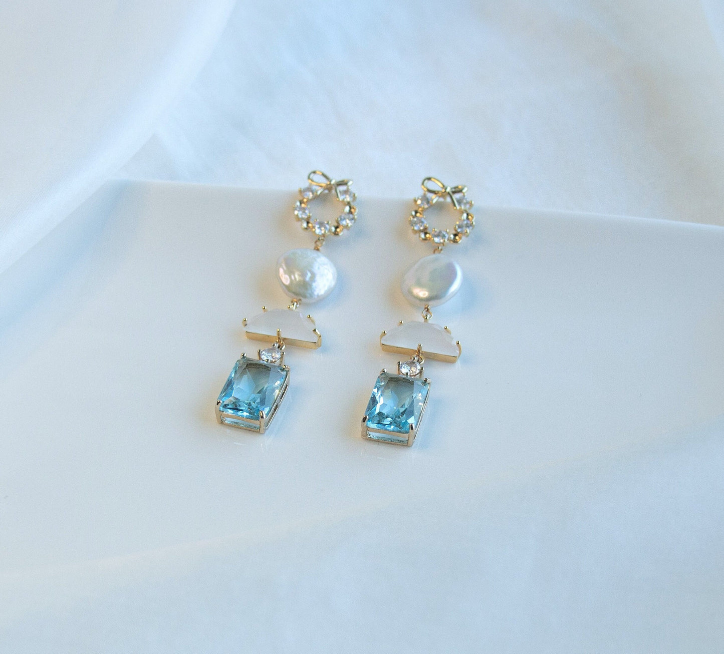 Light Blue Statement Dangle Earrings; Natural Pearl Earrings; Party Earrings; Pastel Earrings;Crystal Earrings;Gift for her;Guest Earrings;
