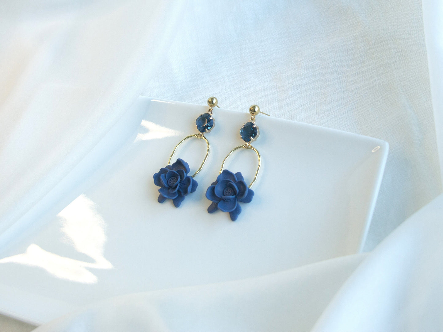 Dark Blue Statement Dangle Earrings; Party Earrings; Gold and Blue Earrings; Clay Earrings; Flower Earrings; Gift for her; Wedding Earrings;