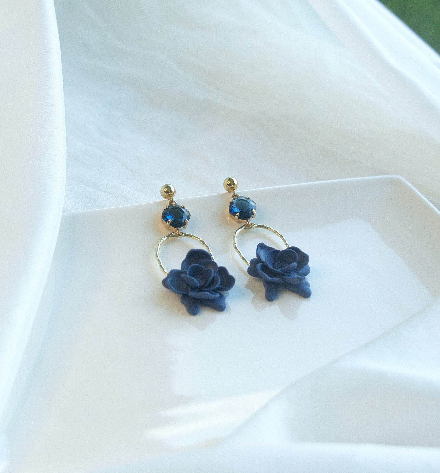 Dark Blue Statement Dangle Earrings; Party Earrings; Gold and Blue Earrings; Clay Earrings; Flower Earrings; Gift for her; Wedding Earrings;