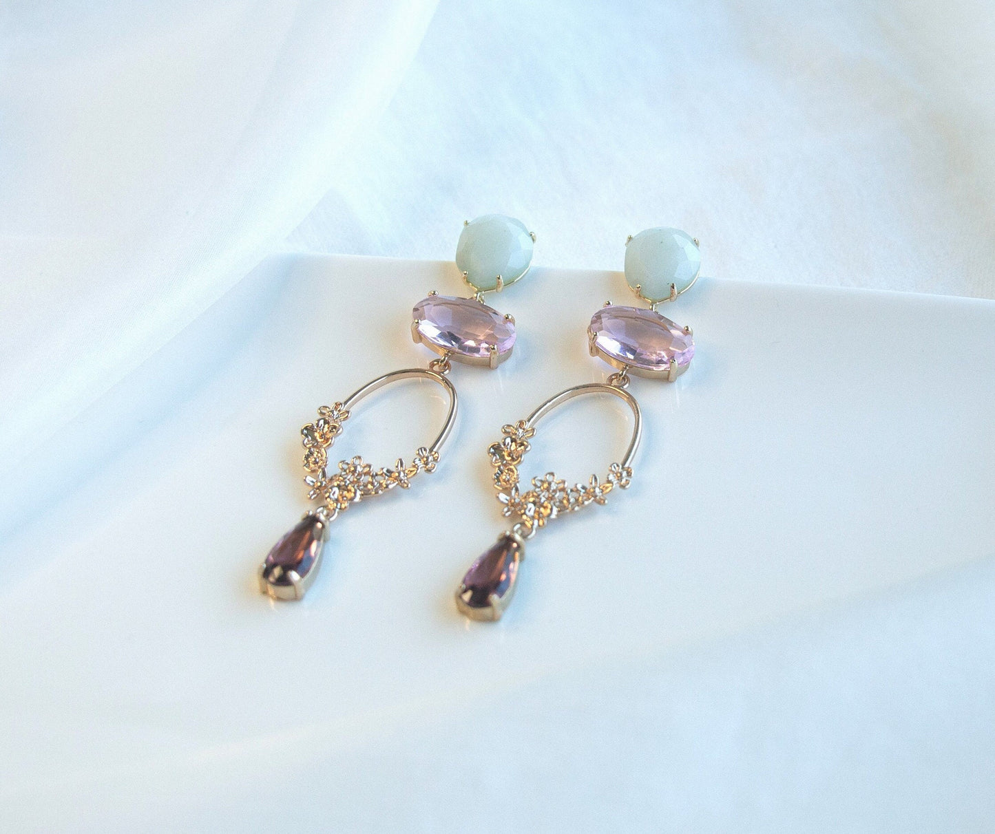 Pastel Statement Dangle Earrings; Gold Earrings; Natural Stone Earrings; Party Earrings; Gift for her;Wedding Guest Earrings;Long Earrings
