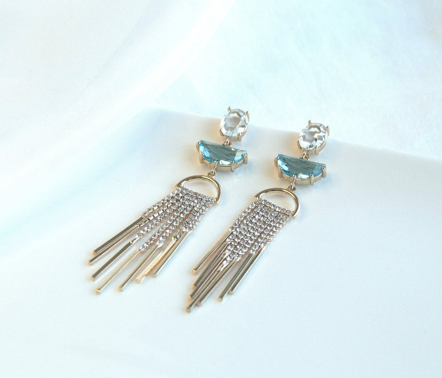 Chandellier Statement Dangle Earrings; Crystal earrings; Party Earrings; Gold and Blue Stone Earrings; Gift for her; Wedding Guest Earrings;