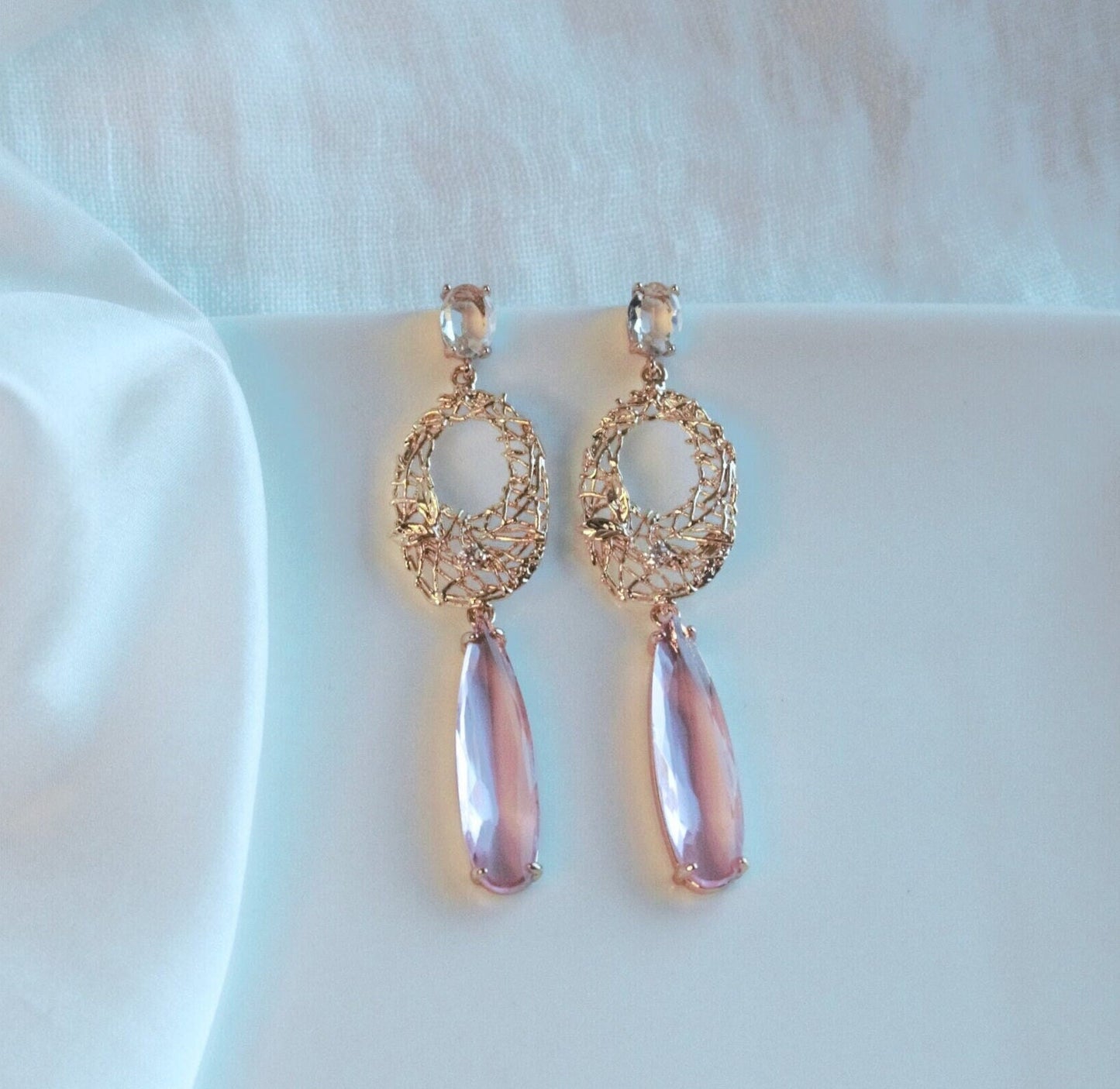 Pastel Pink Statement Dangle Earrings; Gold Earrings; Crystal Earrings; Party Earrings; Gift for her; Wedding Guest Earrings; Long Earrings