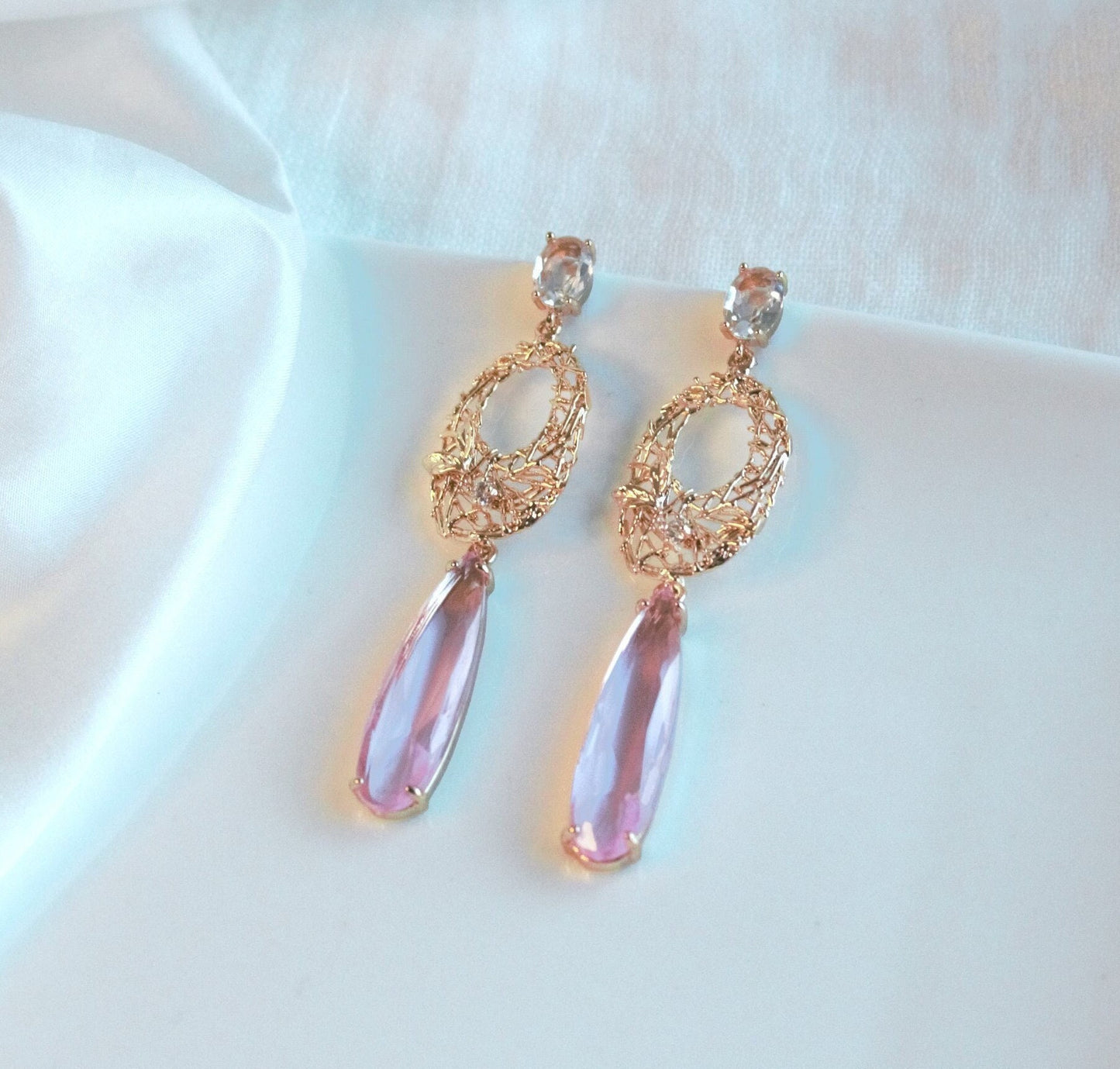 Pastel Pink Statement Dangle Earrings; Gold Earrings; Crystal Earrings; Party Earrings; Gift for her; Wedding Guest Earrings; Long Earrings