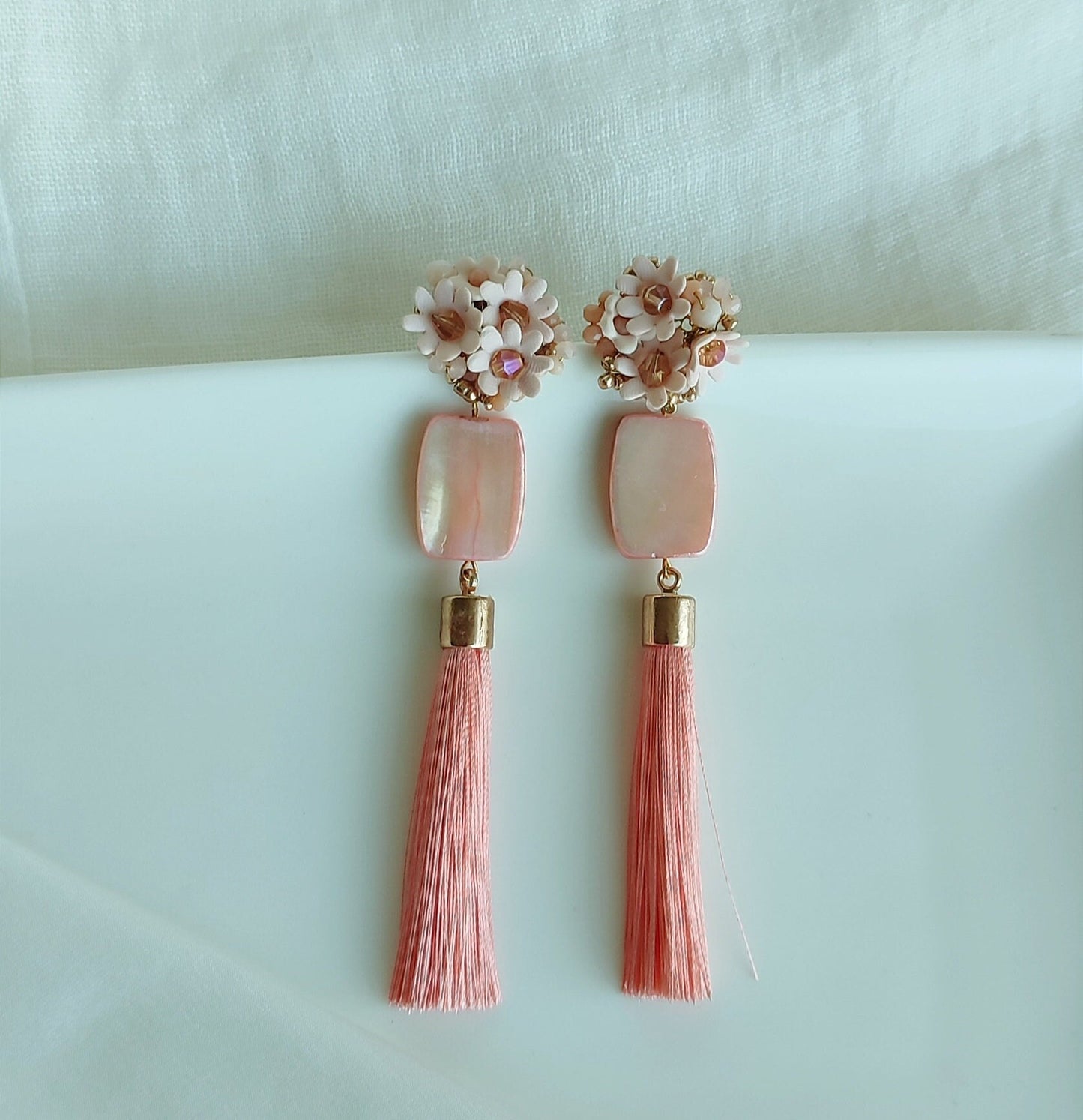 Pink Tassel Statement Earrings; Dangle Earrings; Mother Pearl Earrings; Party Earrings; Pink Pastel Earrings; Guest Earrings; Gift for her