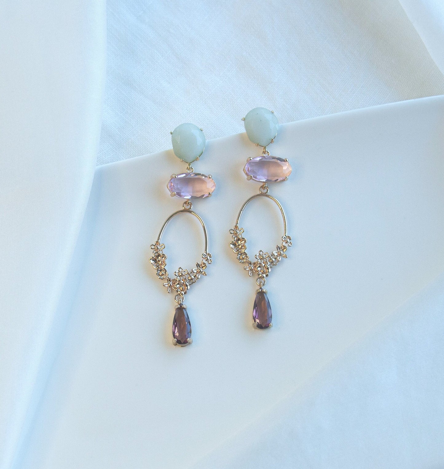 Pastel Statement Dangle Earrings; Gold Earrings; Natural Stone Earrings; Party Earrings; Gift for her;Wedding Guest Earrings;Long Earrings
