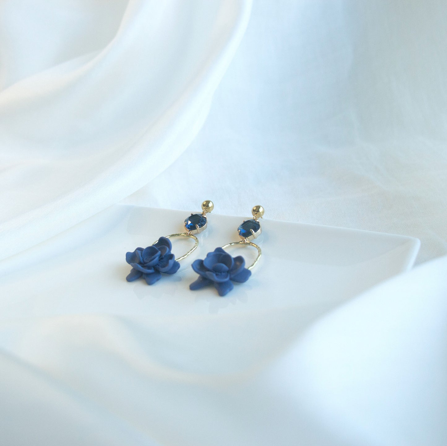 Dark Blue Statement Dangle Earrings; Party Earrings; Gold and Blue Earrings; Clay Earrings; Flower Earrings; Gift for her; Wedding Earrings;