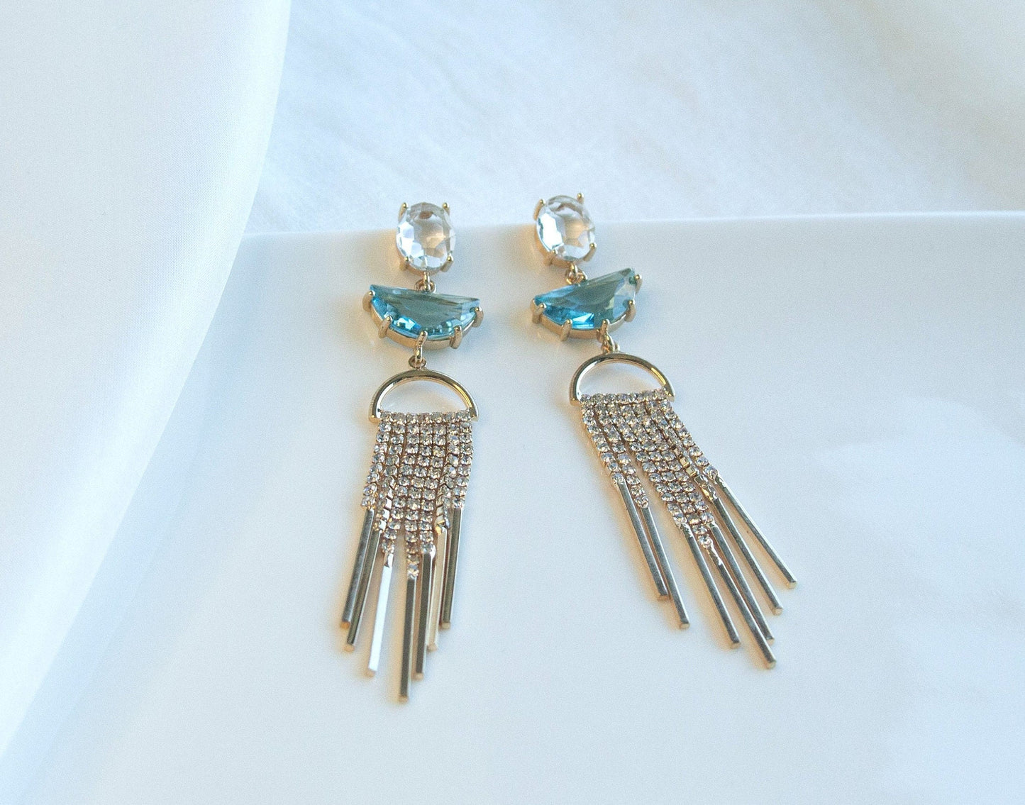 Chandellier Statement Dangle Earrings; Crystal earrings; Party Earrings; Gold and Blue Stone Earrings; Gift for her; Wedding Guest Earrings;