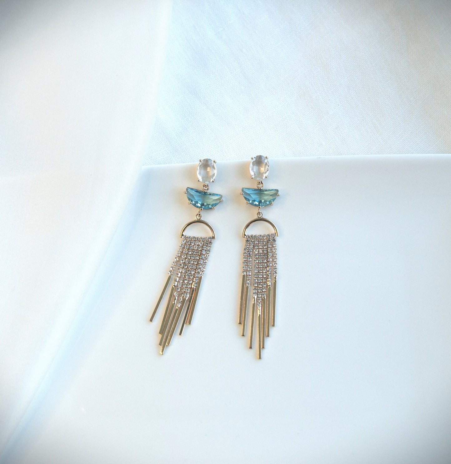 Chandellier Statement Dangle Earrings; Crystal earrings; Party Earrings; Gold and Blue Stone Earrings; Gift for her; Wedding Guest Earrings;