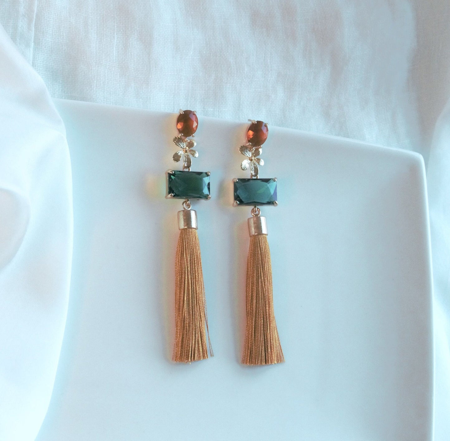 Tassel Statement Earrings; Dangle Earrings; Crystal Earrings; Gold Earrings; Party Earrings; Mustard and Green Earrings; Gift for her