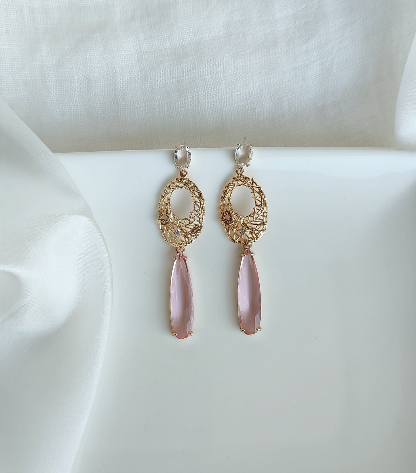 Pastel Pink Statement Dangle Earrings; Gold Earrings; Crystal Earrings; Party Earrings; Gift for her; Wedding Guest Earrings; Long Earrings