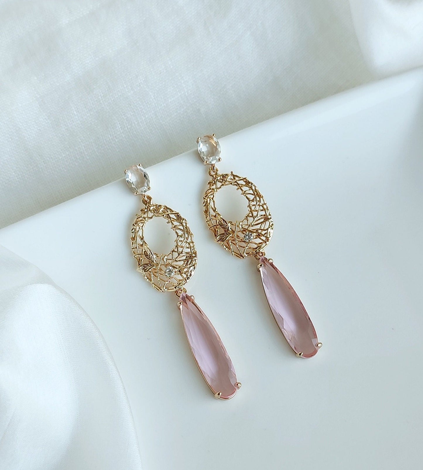 Pastel Pink Statement Dangle Earrings; Gold Earrings; Crystal Earrings; Party Earrings; Gift for her; Wedding Guest Earrings; Long Earrings