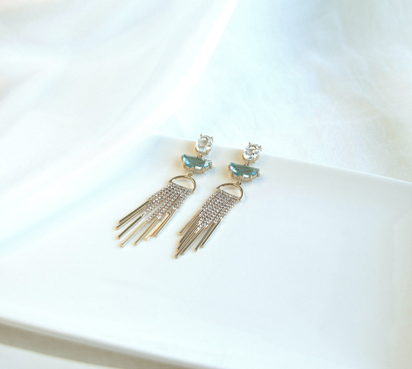 Chandellier Statement Dangle Earrings; Crystal earrings; Party Earrings; Gold and Blue Stone Earrings; Gift for her; Wedding Guest Earrings;