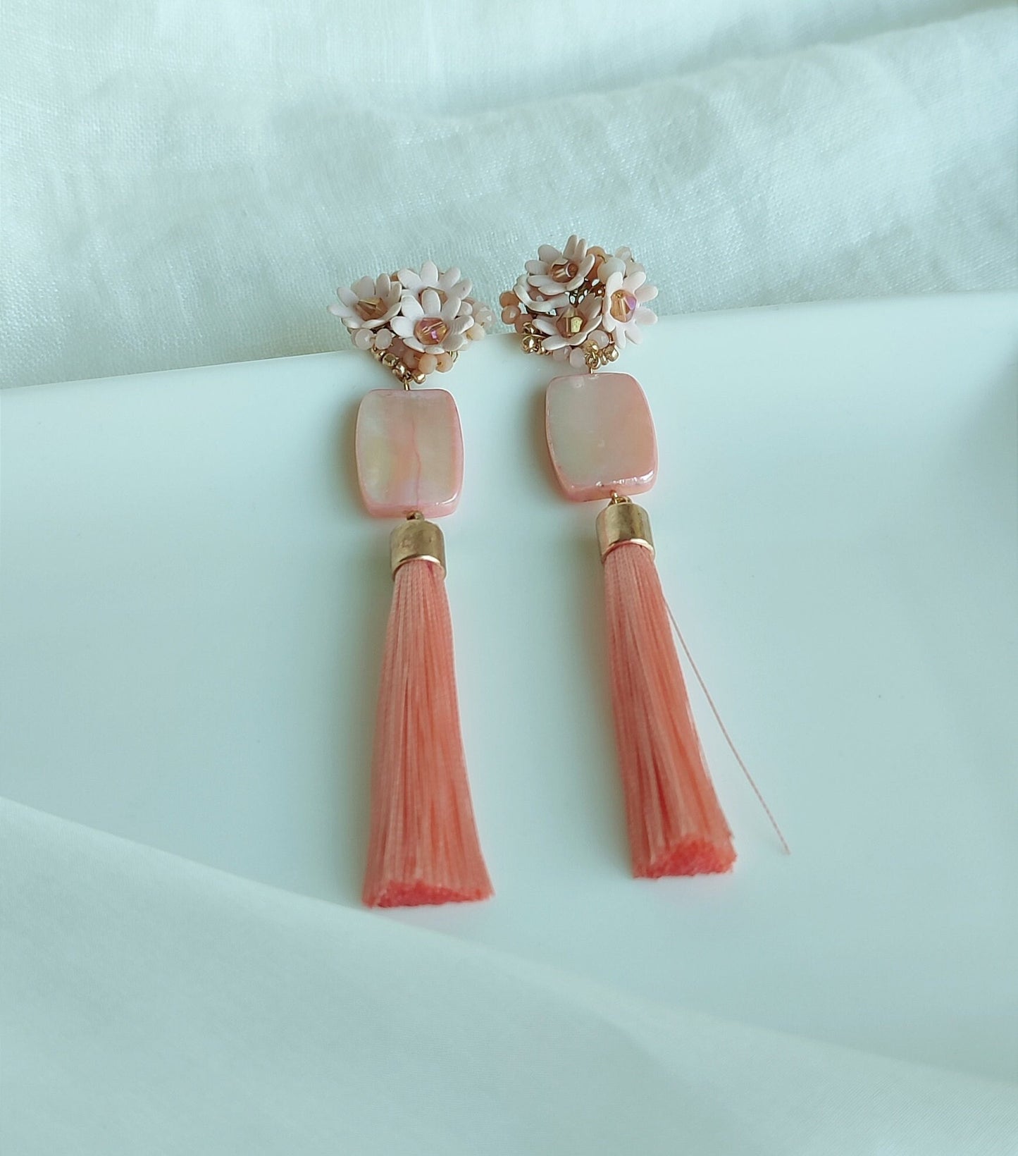 Pink Tassel Statement Earrings; Dangle Earrings; Mother Pearl Earrings; Party Earrings; Pink Pastel Earrings; Guest Earrings; Gift for her