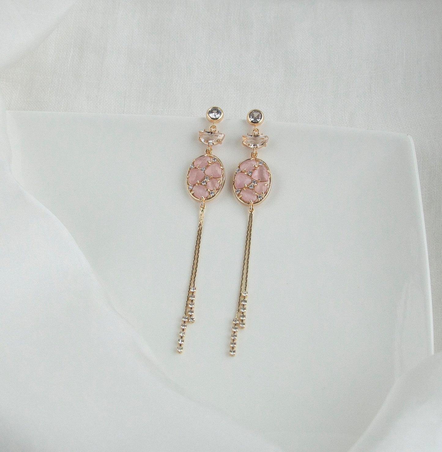 Pastel Pink Statement Dangle Earrings; Gold Earrings; Crystal Earrings; Party Earrings; Gift for her; Wedding Guest Earrings; Long Earrings