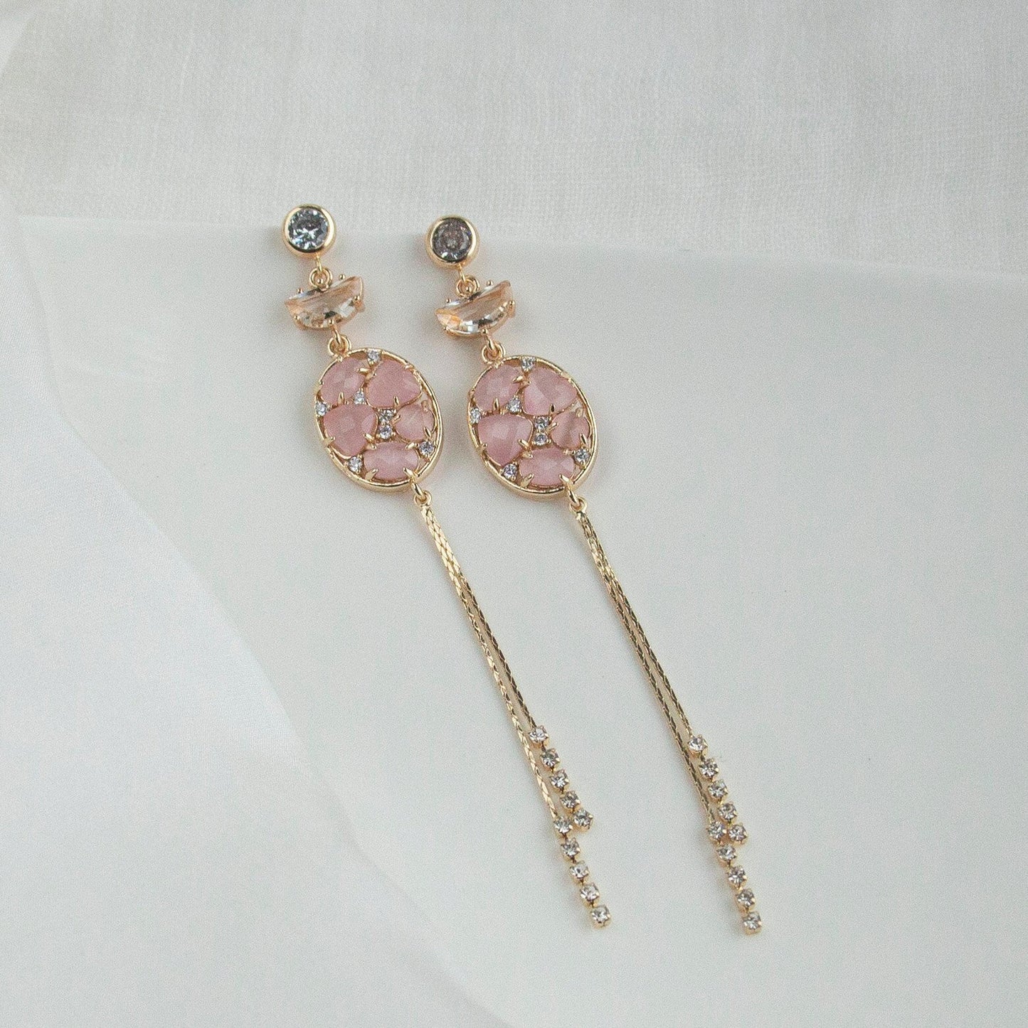 Pastel Pink Statement Dangle Earrings; Gold Earrings; Crystal Earrings; Party Earrings; Gift for her; Wedding Guest Earrings; Long Earrings
