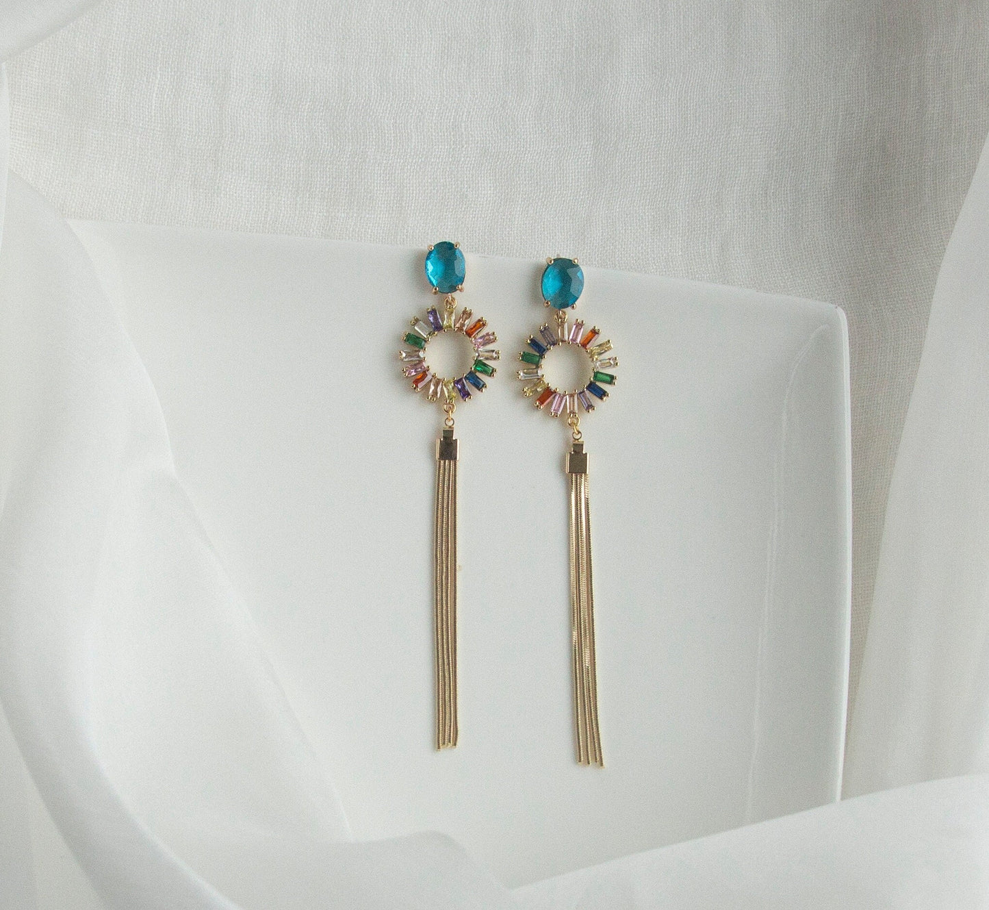 Multi-colour Statement Dangle Earrings; Crystal Earrings; Wedding Earrings; Party Earrings; Coloured Earrings; Chain Earrings; Gift for her