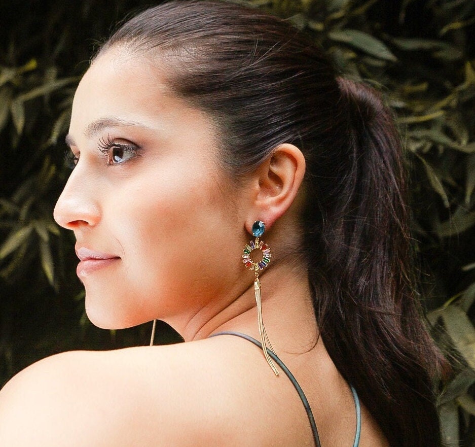 Multi-colour Statement Dangle Earrings; Crystal Earrings; Wedding Earrings; Party Earrings; Coloured Earrings; Chain Earrings; Gift for her