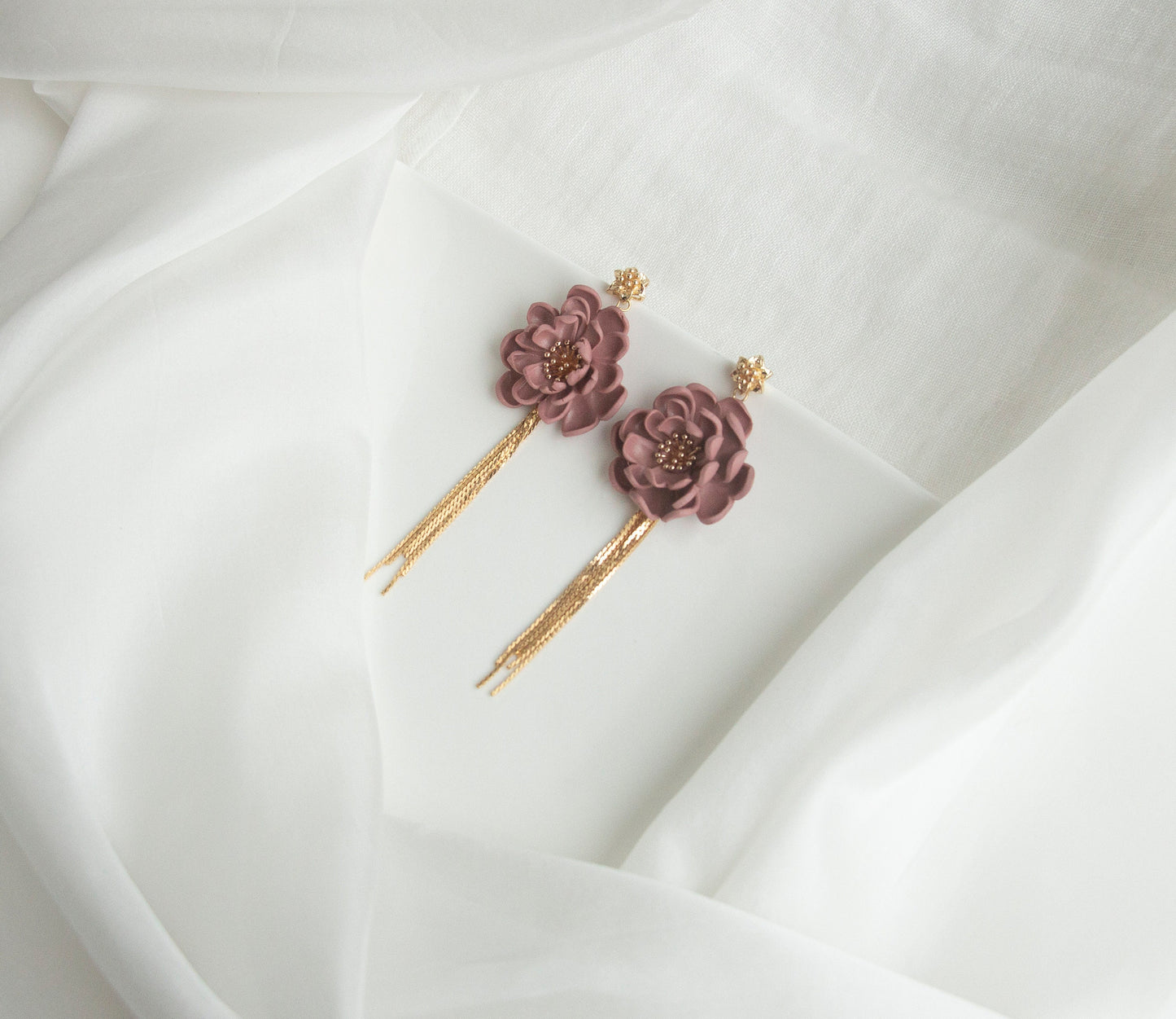 Dark Pink Flower Statement Earrings; Party Earrings; Gold and Pink Earrings; Clay Earrings; Dangle Earrings; Gift for her; XL Earrings;