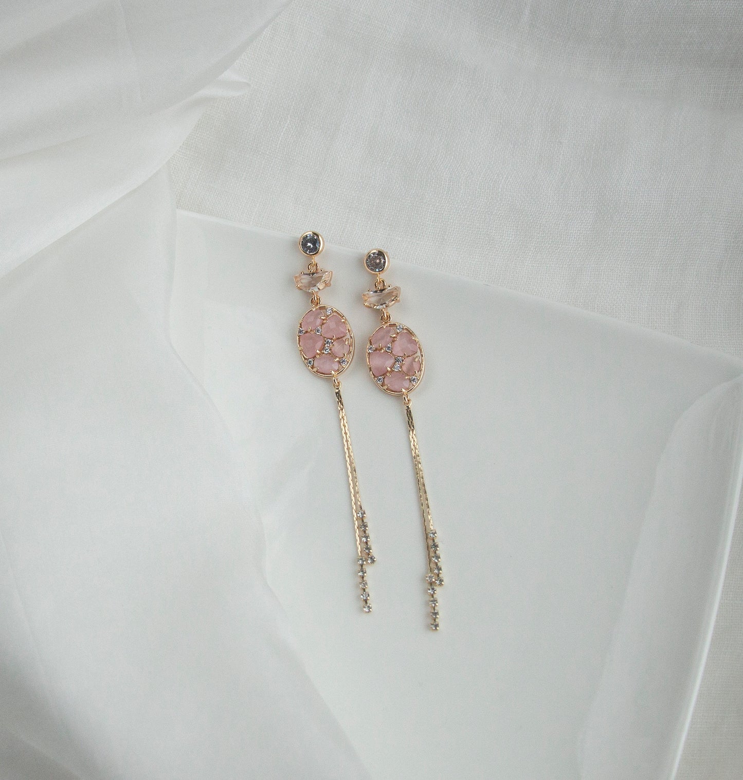Pastel Pink Statement Dangle Earrings; Gold Earrings; Crystal Earrings; Party Earrings; Gift for her; Wedding Guest Earrings; Long Earrings