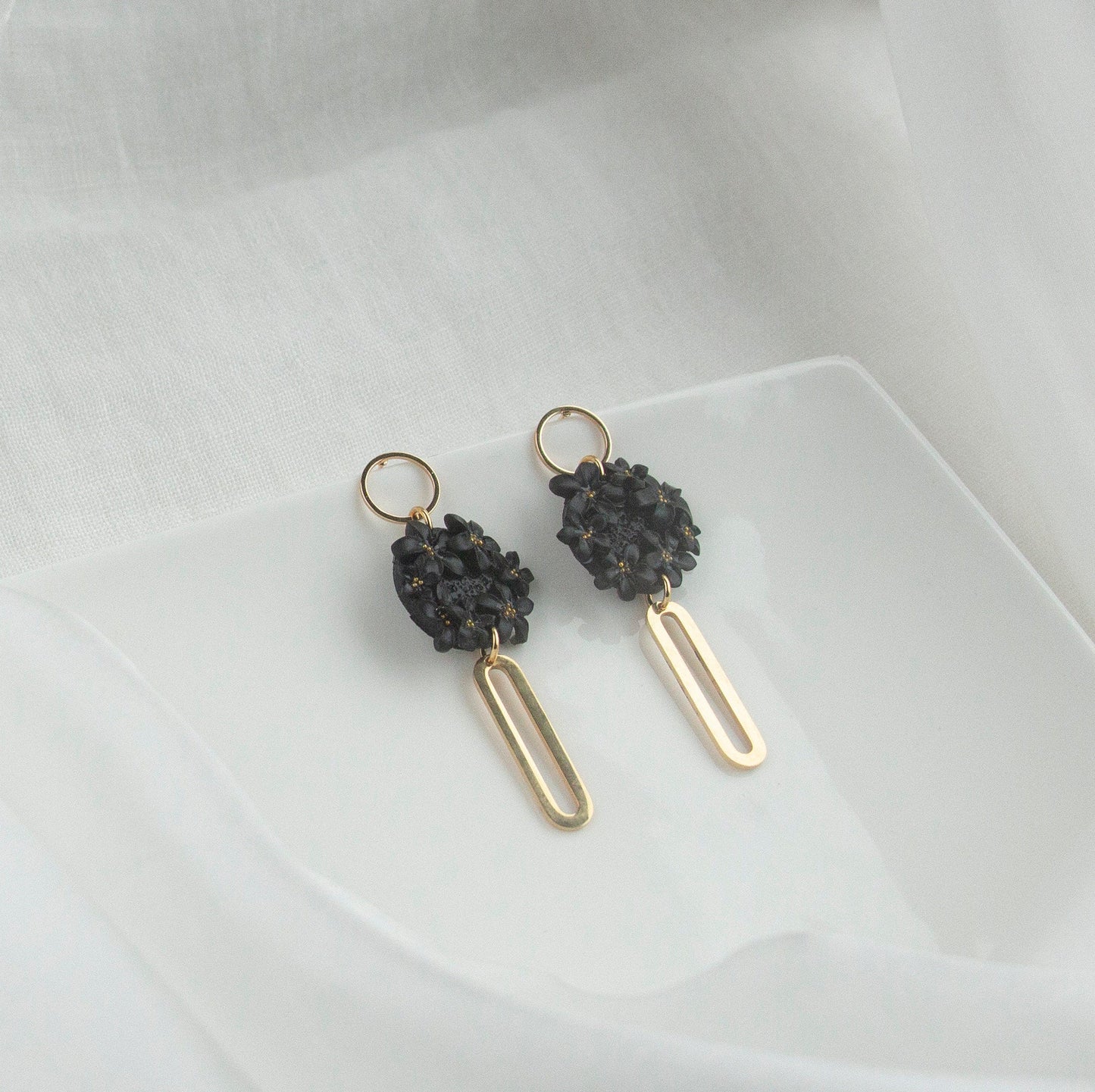 Black Statement Dangle Earrings; Party Earrings; Gold and Black Earrings; Clay Earrings; Floral Earrings; Gift for her; Long Earrings;
