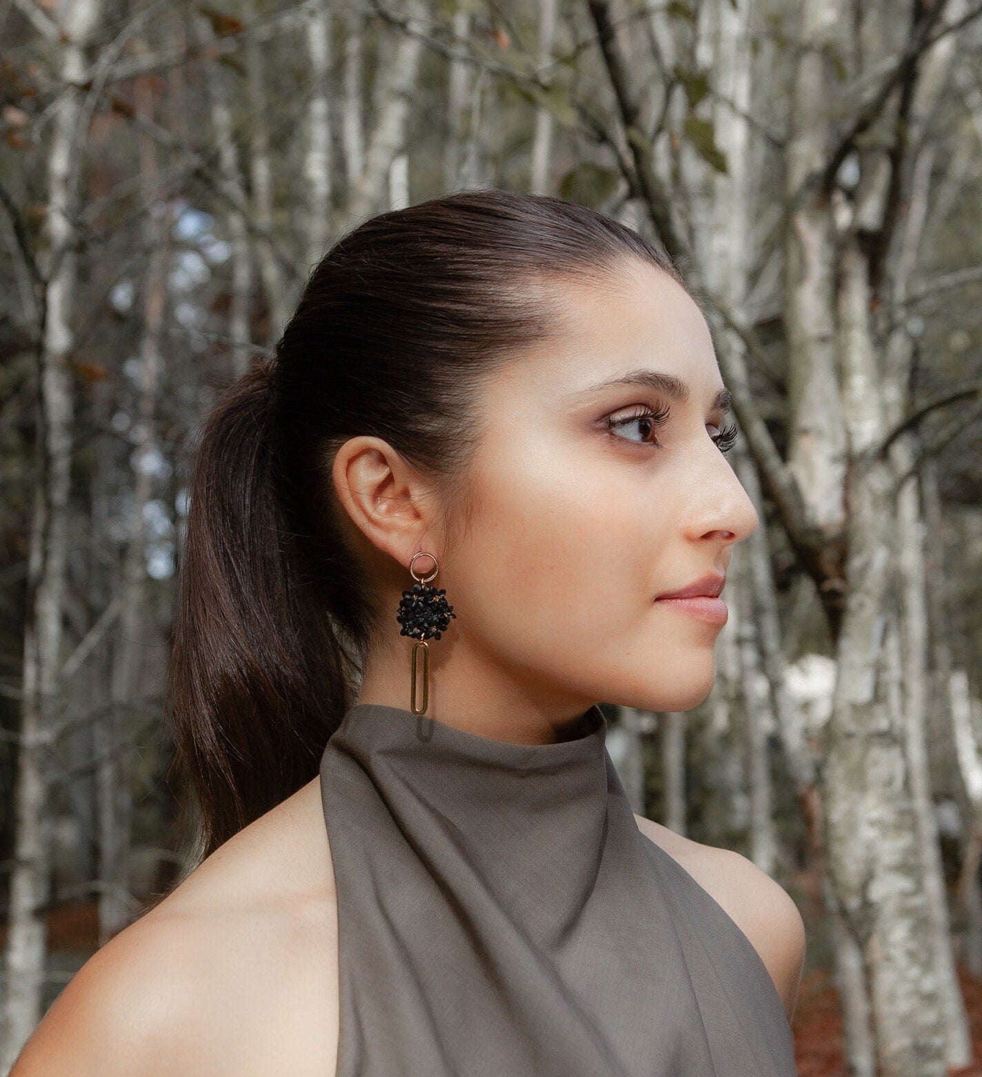 Black Statement Dangle Earrings; Party Earrings; Gold and Black Earrings; Clay Earrings; Floral Earrings; Gift for her; Long Earrings;