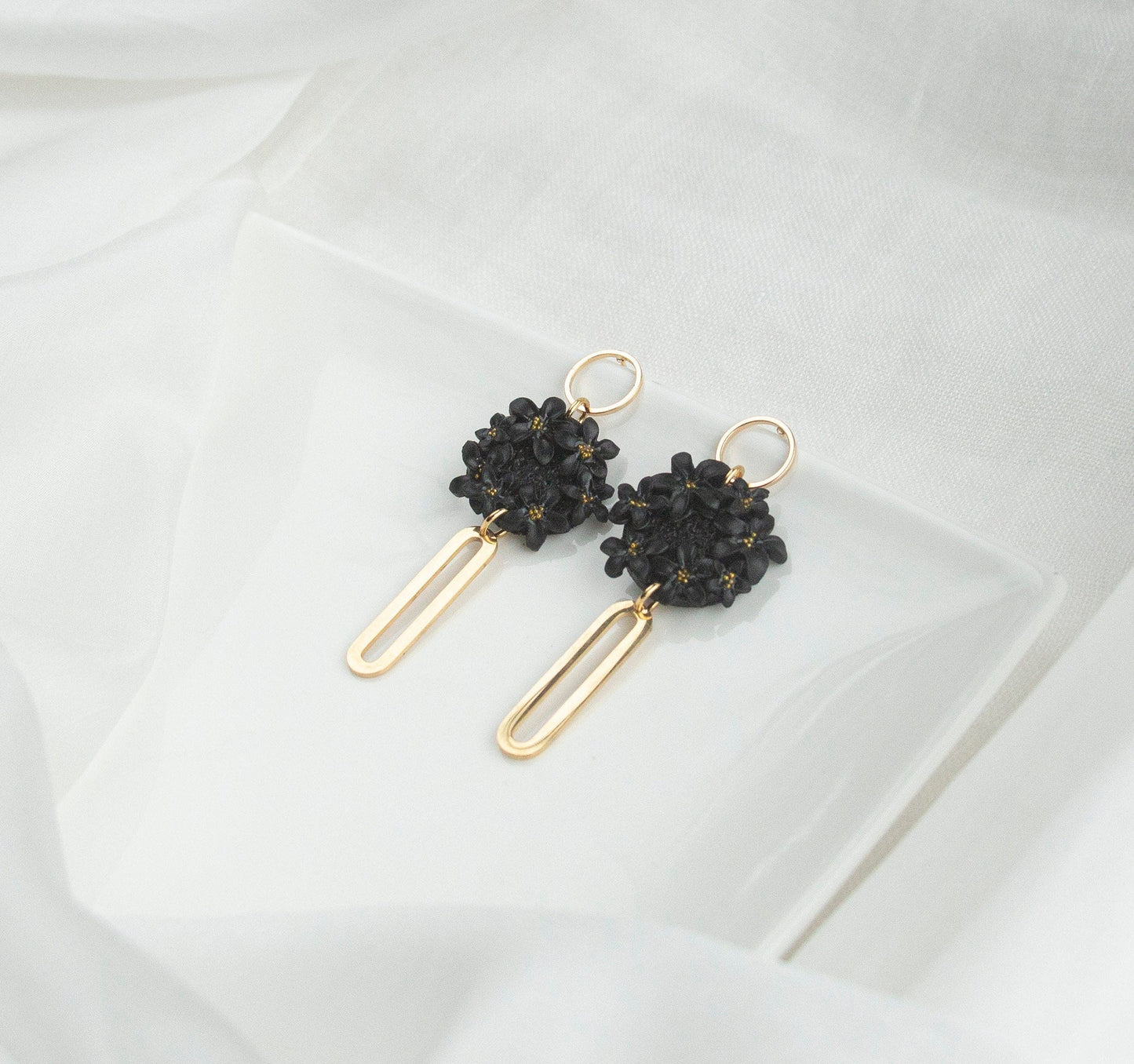 Black Statement Dangle Earrings; Party Earrings; Gold and Black Earrings; Clay Earrings; Floral Earrings; Gift for her; Long Earrings;