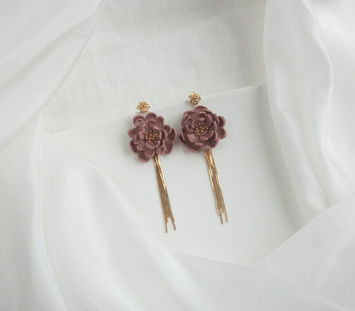 Dark Pink Flower Statement Earrings; Party Earrings; Gold and Pink Earrings; Clay Earrings; Dangle Earrings; Gift for her; XL Earrings;