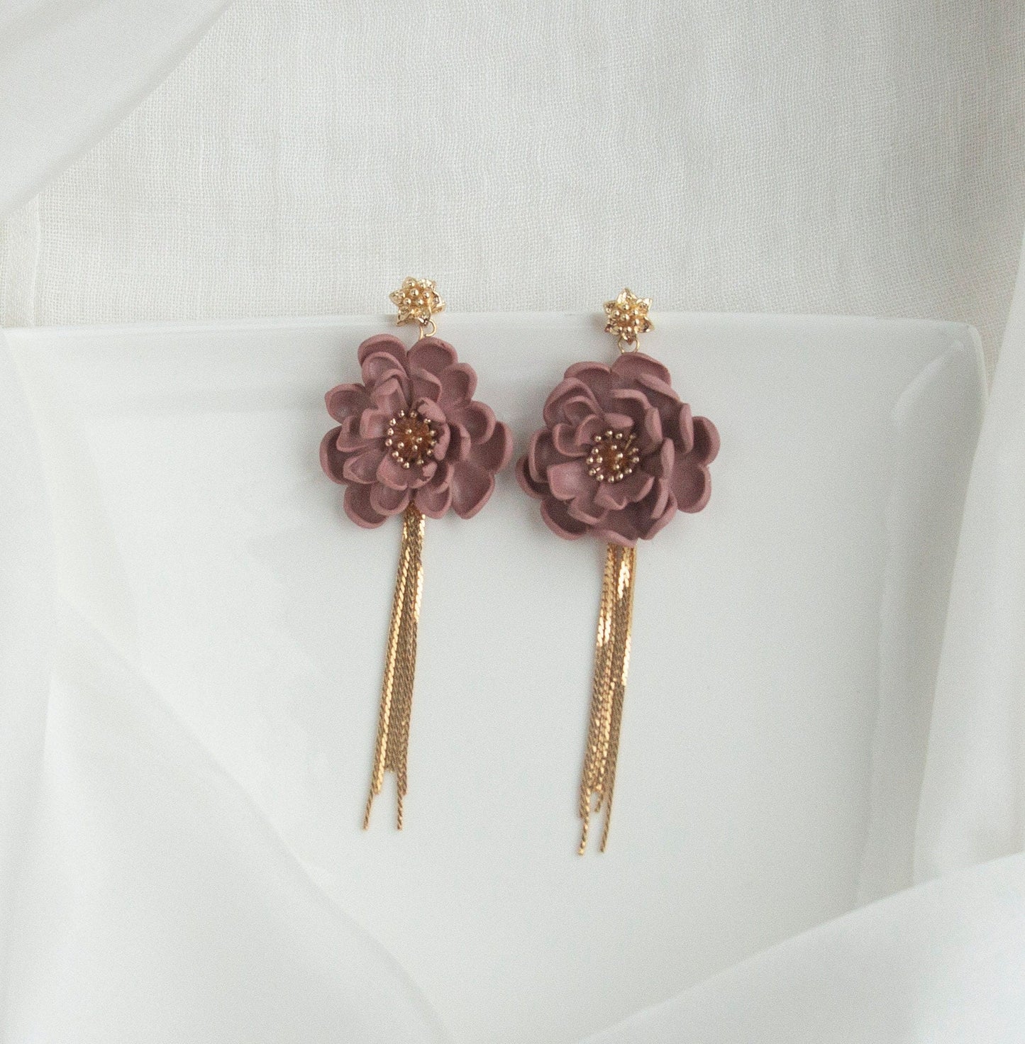 Dark Pink Flower Statement Earrings; Party Earrings; Gold and Pink Earrings; Clay Earrings; Dangle Earrings; Gift for her; XL Earrings;