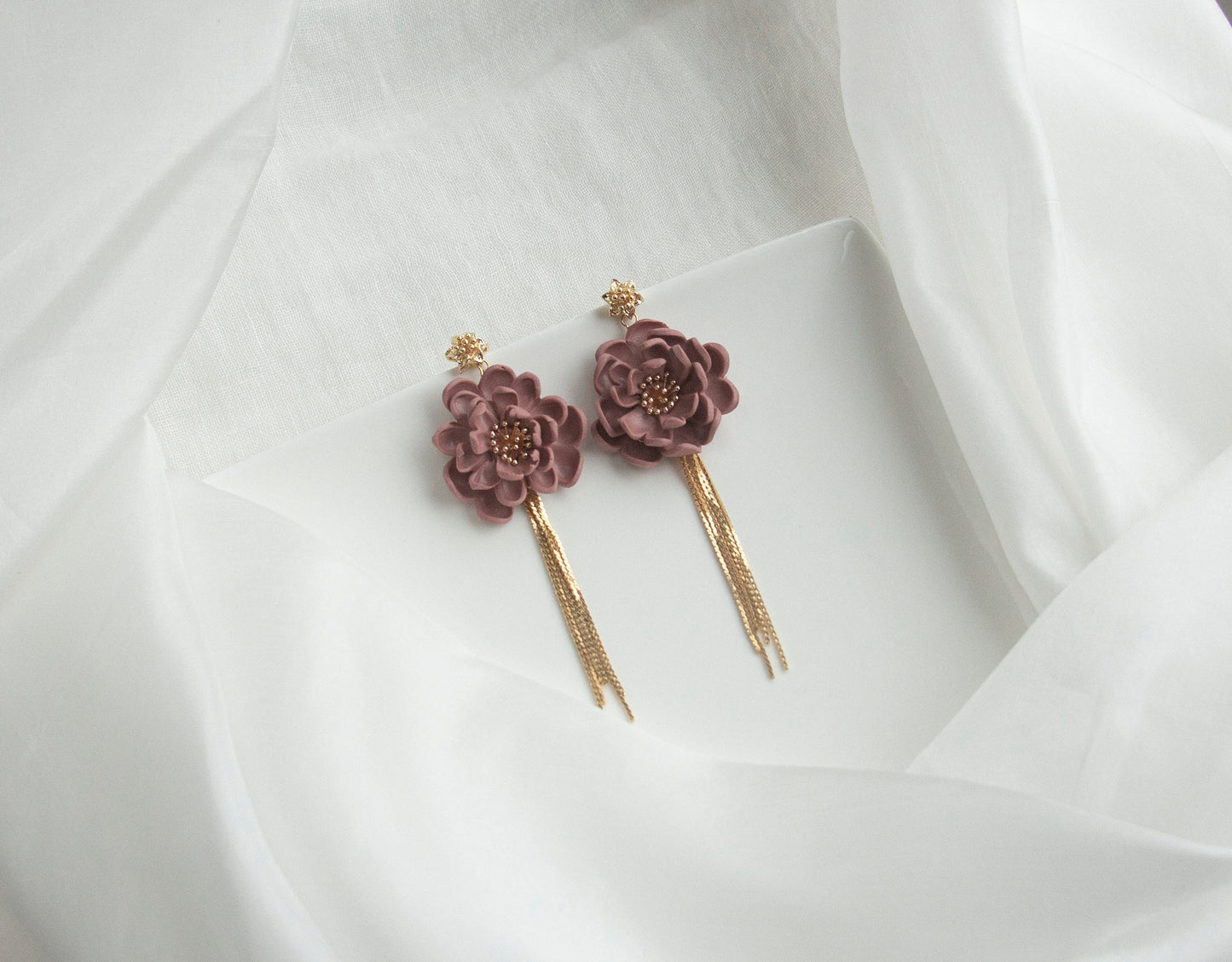 Dark Pink Flower Statement Earrings; Party Earrings; Gold and Pink Earrings; Clay Earrings; Dangle Earrings; Gift for her; XL Earrings;