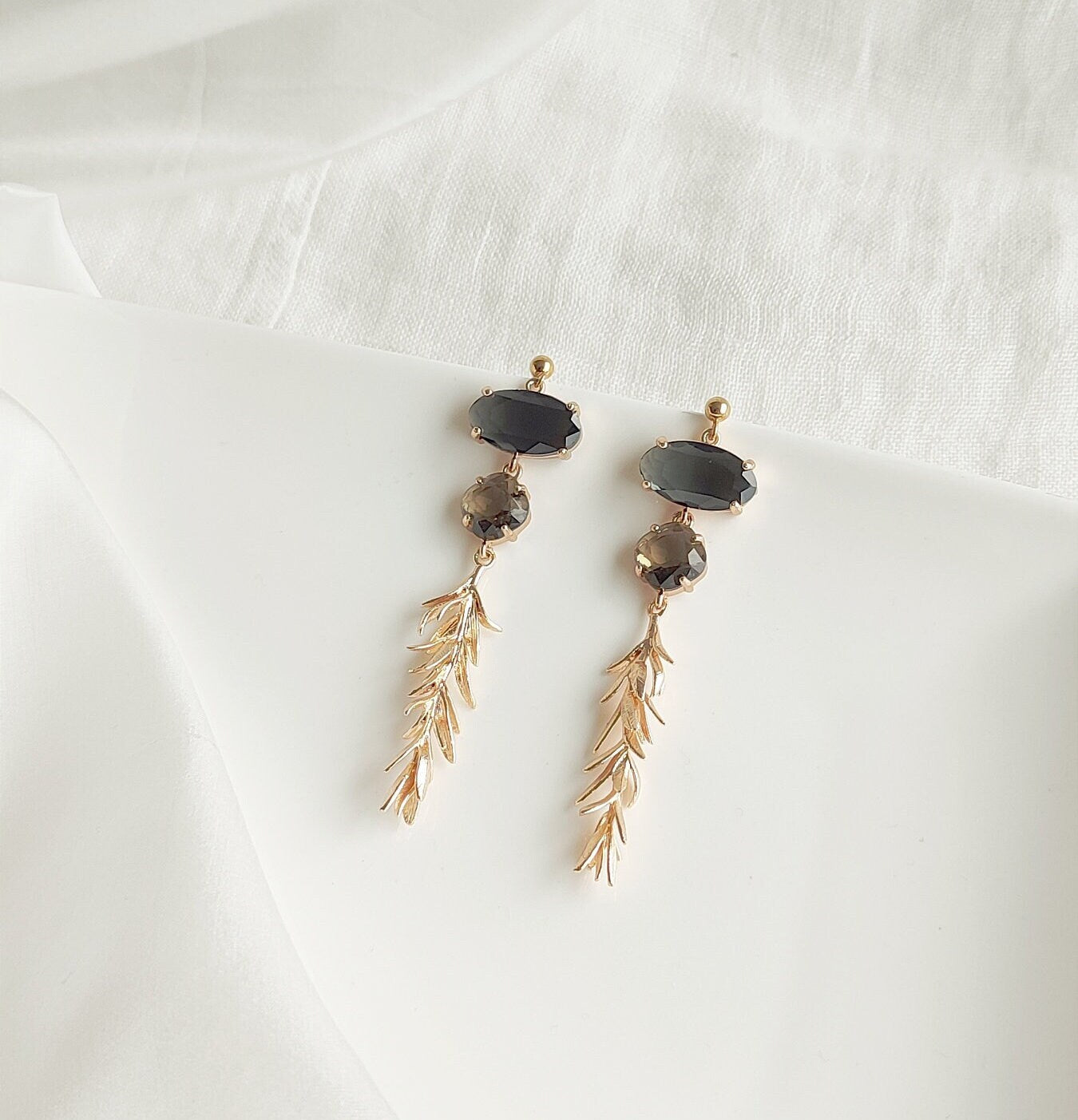Gold leaves Statement Dangle Earrings; Party Earrings; Gold Earrings; Dark Grey Earrings; Gift for her; Wedding Guest Earrings;