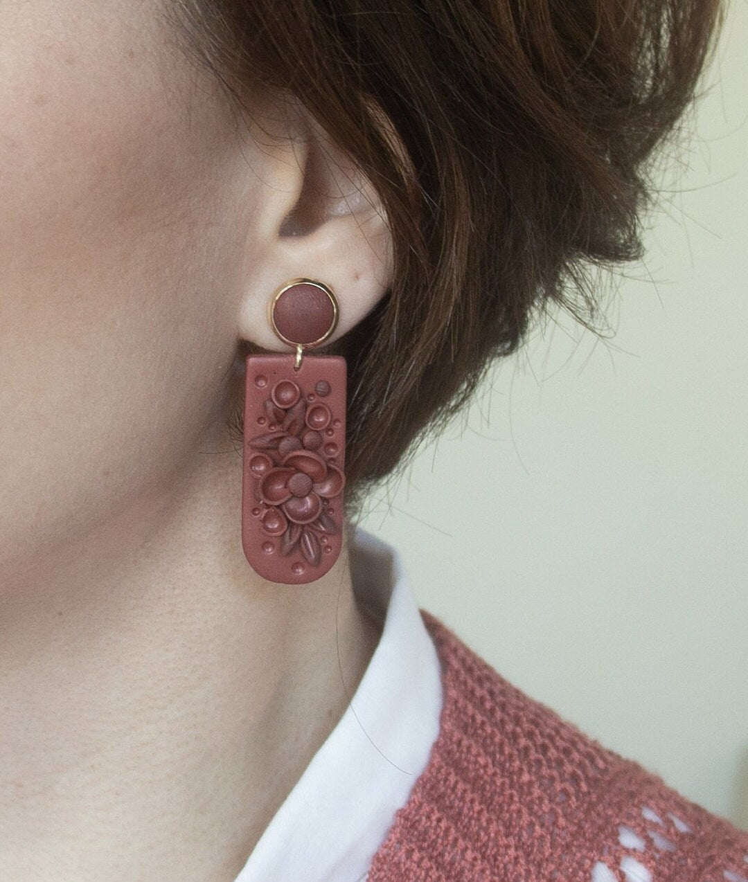 Terracotta colour Statement Earrings; Party Earrings; Rust Dangle Earrings; Porcelain Earrings; Floral Clay Earrings; Gift for her;