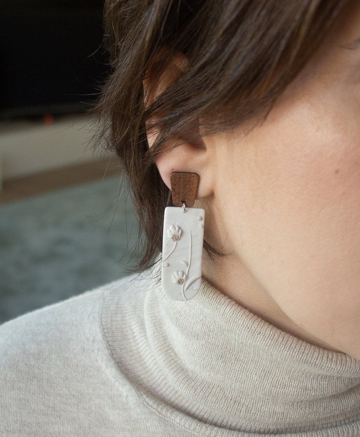 Wooden and Clay handmade Dangle Earrings; Casual Earrings; Party Earrings; Clay earrings; Gift for Her