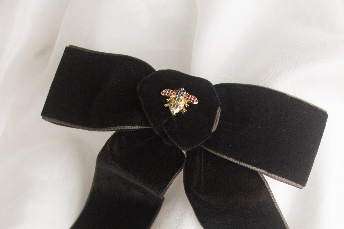 Black Velvet Hair Bow; Hair Acessory; Bee Hair Acessory; Cubic Zirconia stones Hair Clip; Hair Bow Clip; Long Tail Bow; Gift for Her