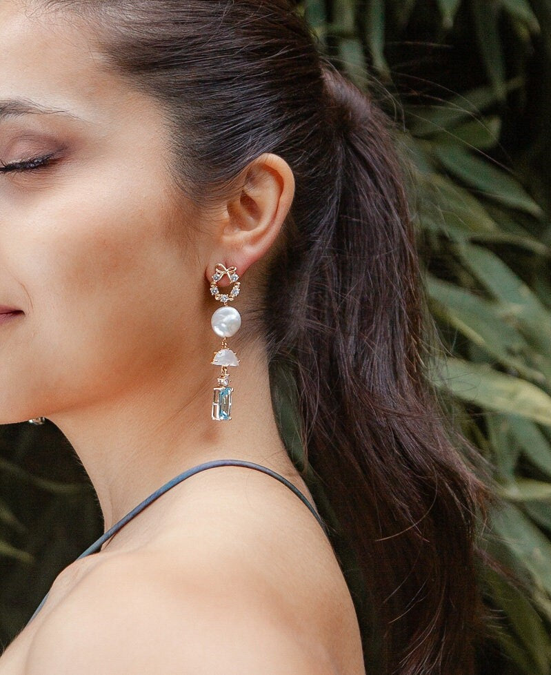 Light Blue Statement Dangle Earrings; Natural Pearl Earrings; Party Earrings; Pastel Earrings;Crystal Earrings;Gift for her;Guest Earrings;