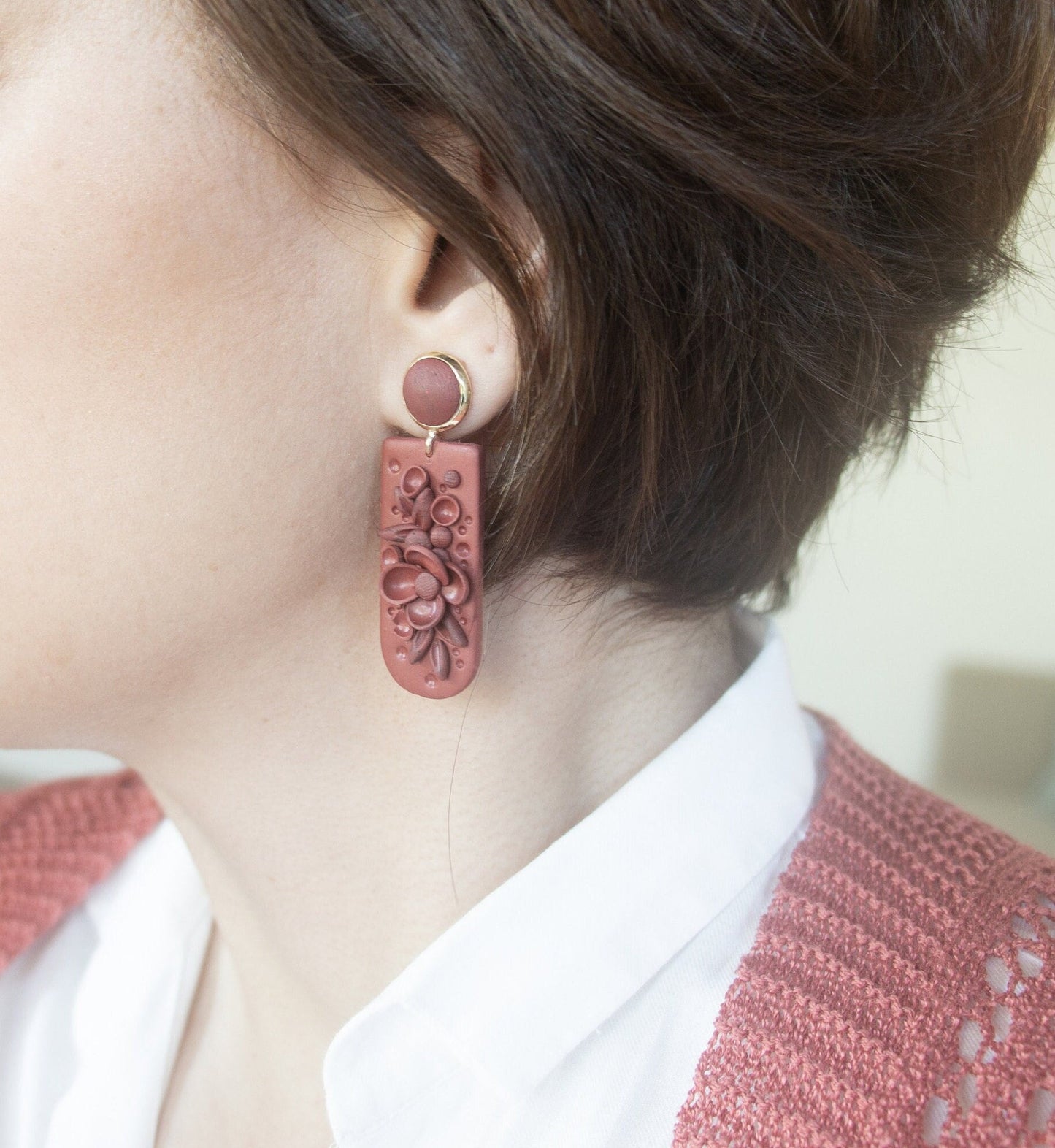 Terracotta colour Statement Earrings; Party Earrings; Rust Dangle Earrings; Porcelain Earrings; Floral Clay Earrings; Gift for her;