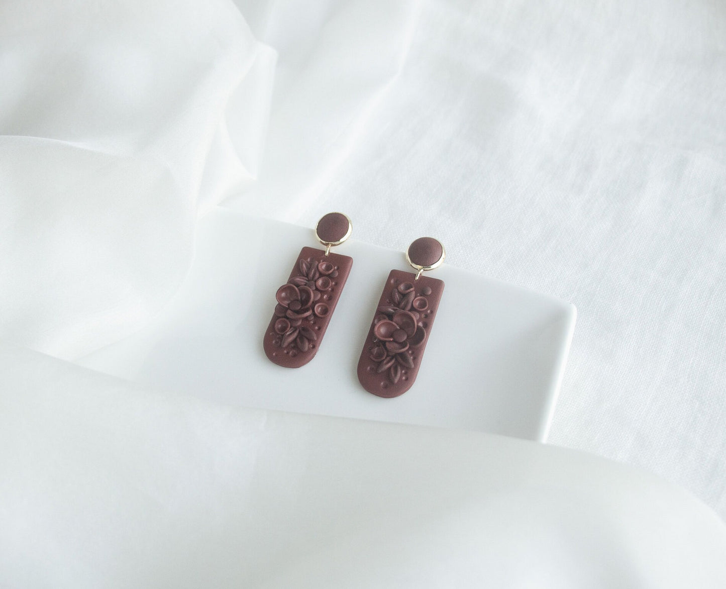 Terracotta colour Statement Earrings; Party Earrings; Rust Dangle Earrings; Porcelain Earrings; Floral Clay Earrings; Gift for her;