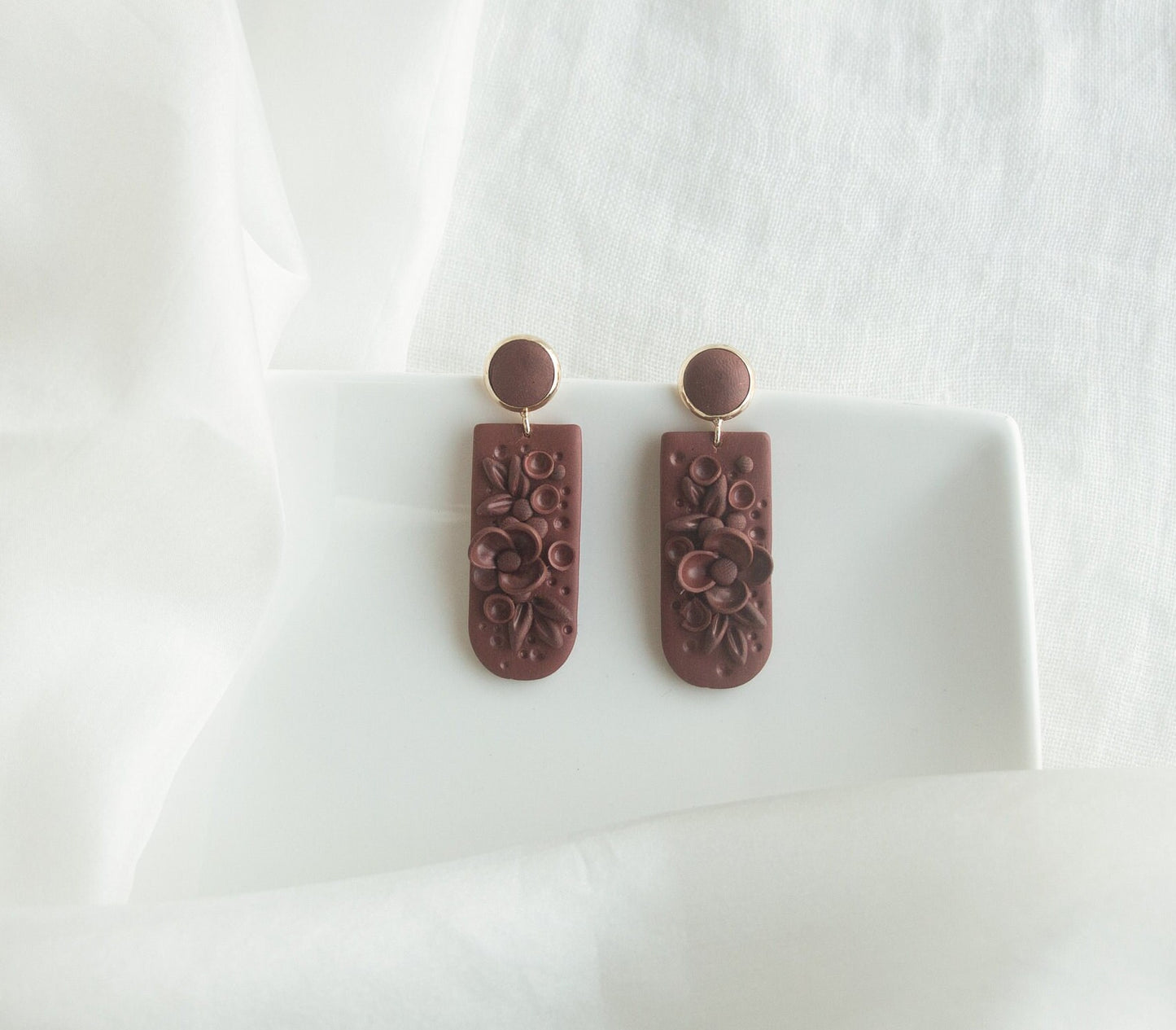 Terracotta colour Statement Earrings; Party Earrings; Rust Dangle Earrings; Porcelain Earrings; Floral Clay Earrings; Gift for her;