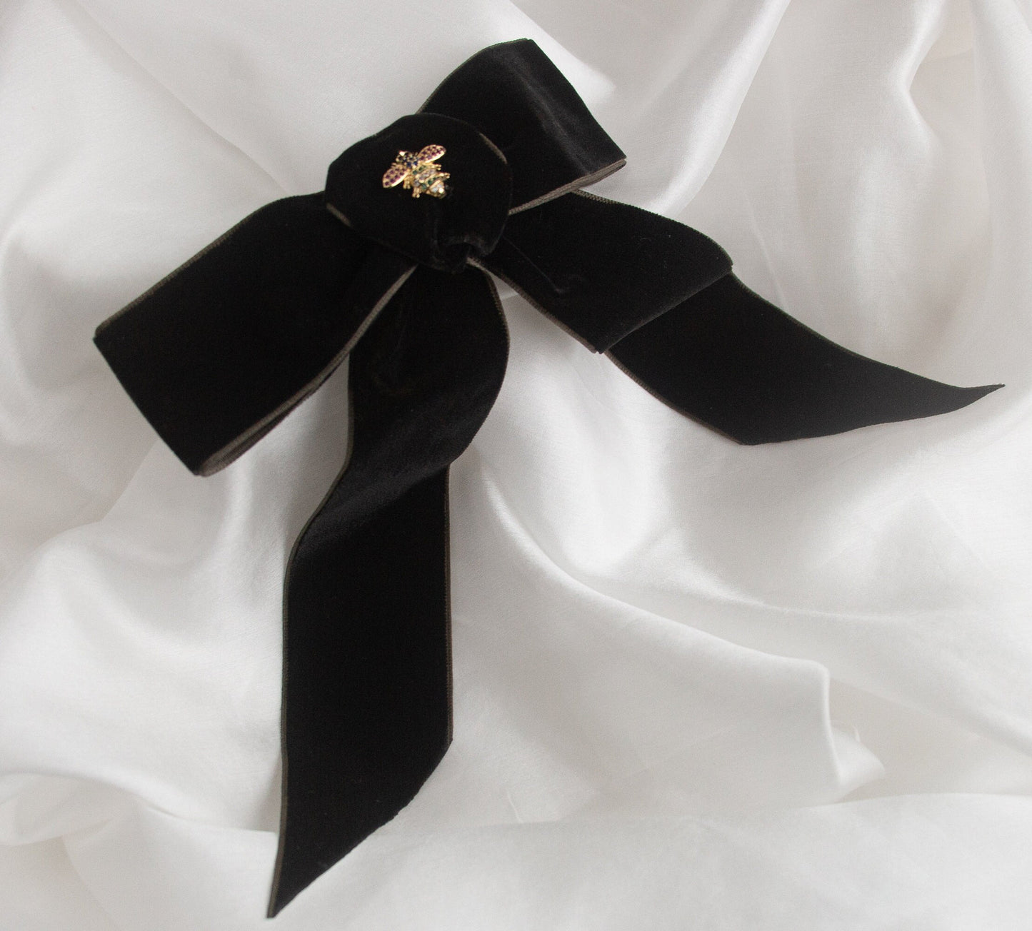 Black Velvet Hair Bow; Hair Acessory; Bee Hair Acessory; Cubic Zirconia stones Hair Clip; Hair Bow Clip; Long Tail Bow; Gift for Her
