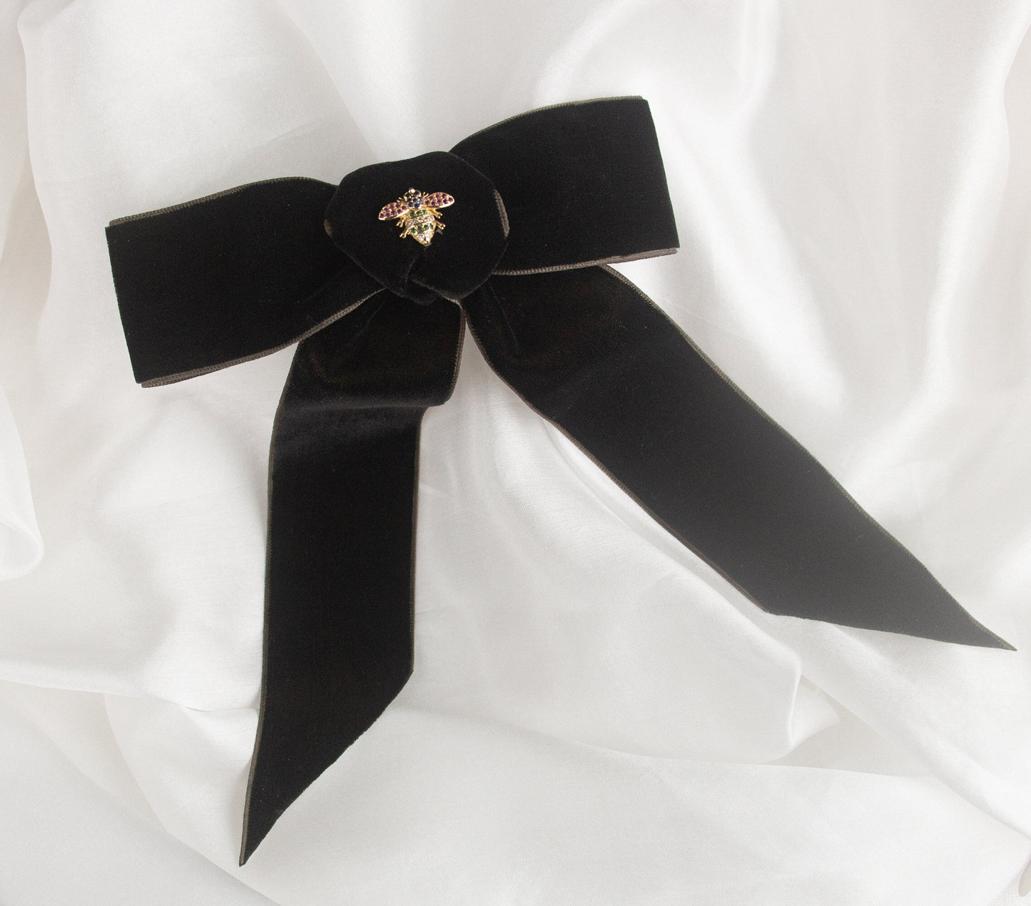 Black Velvet Hair Bow; Hair Acessory; Bee Hair Acessory; Cubic Zirconia stones Hair Clip; Hair Bow Clip; Long Tail Bow; Gift for Her