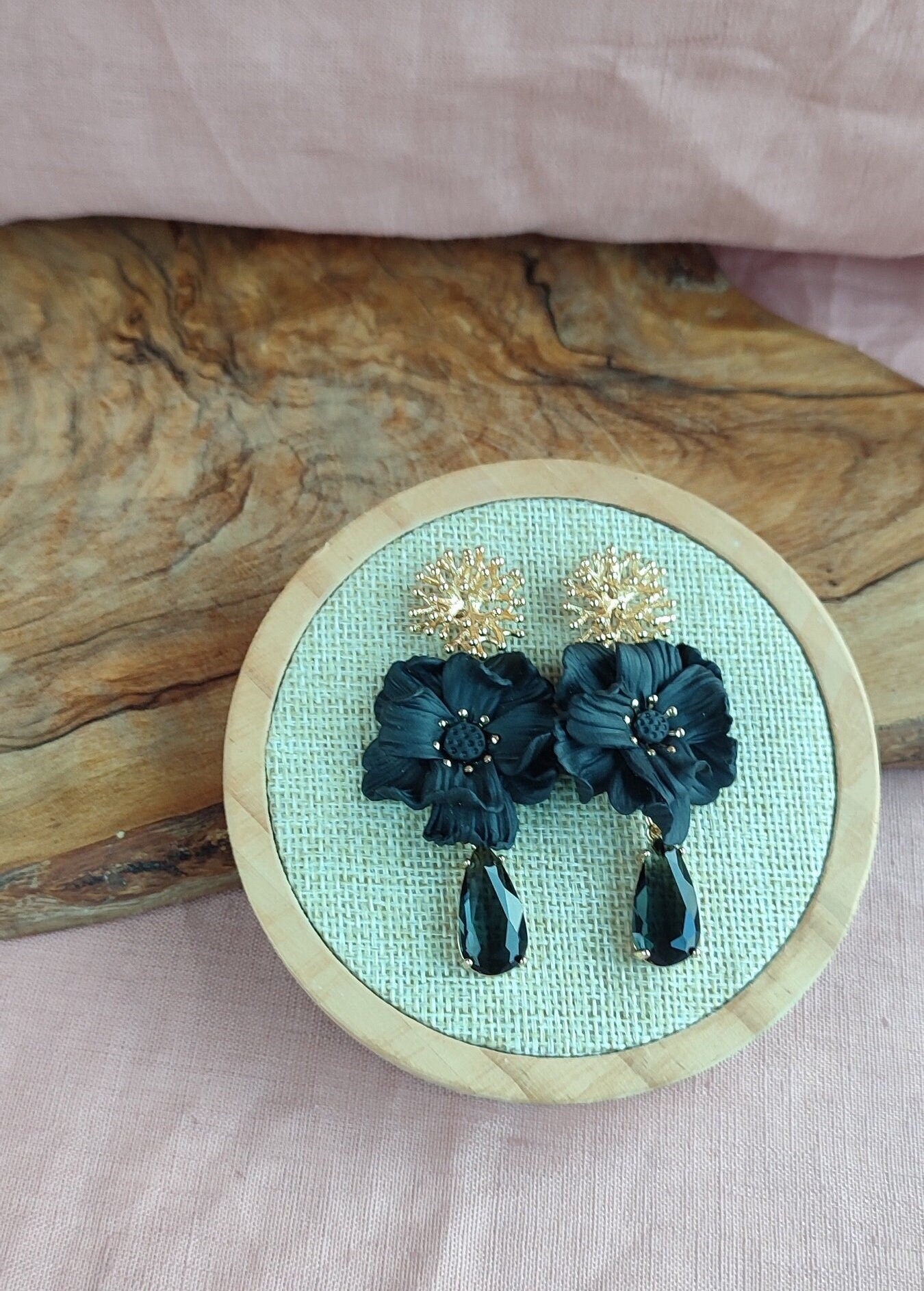 Black Statement Dangle Earrings; Party Earrings; Gold and Black Earrings; Clay Earrings; Flower Earrings; Gift for her; XL Earrings;