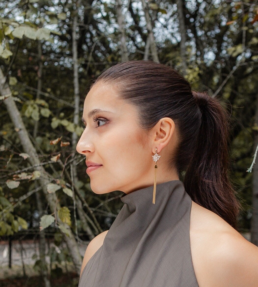 Gold Chain Bridal Statement Earrings; Dangle Earrings; Crystal Earrings; Zirconia Earrings;Floral earrings;Wedding jewellery;Gift for Bride;