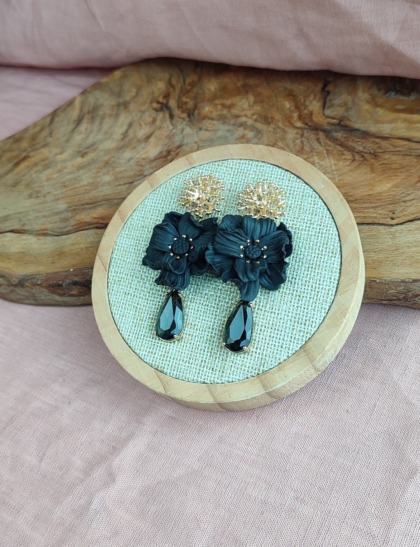 Black Statement Dangle Earrings; Party Earrings; Gold and Black Earrings; Clay Earrings; Flower Earrings; Gift for her; XL Earrings;