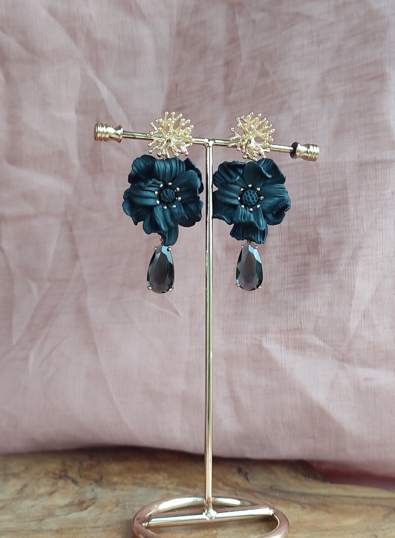 Black Statement Dangle Earrings; Party Earrings; Gold and Black Earrings; Clay Earrings; Flower Earrings; Gift for her; XL Earrings;