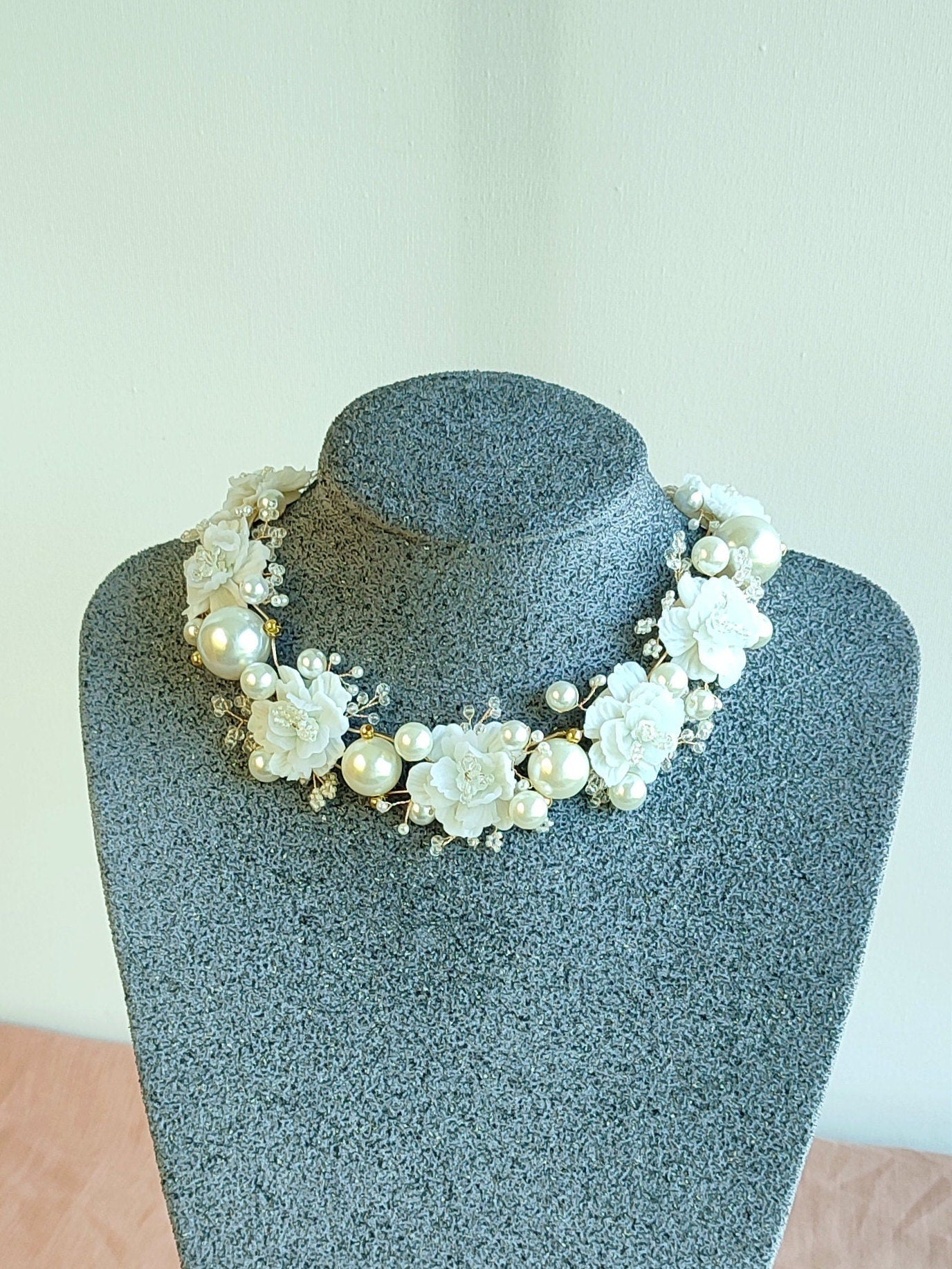 BRIDAL Statement Necklace; XL Necklace; Porcelain Flowers and Pearls Necklace; Bridal Jewellery; Gift for Bride;Gift for Her