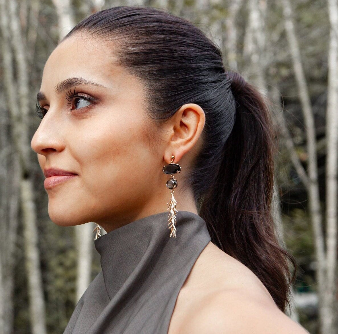 Gold leaves Statement Dangle Earrings; Party Earrings; Gold Earrings; Dark Grey Earrings; Gift for her; Wedding Guest Earrings;