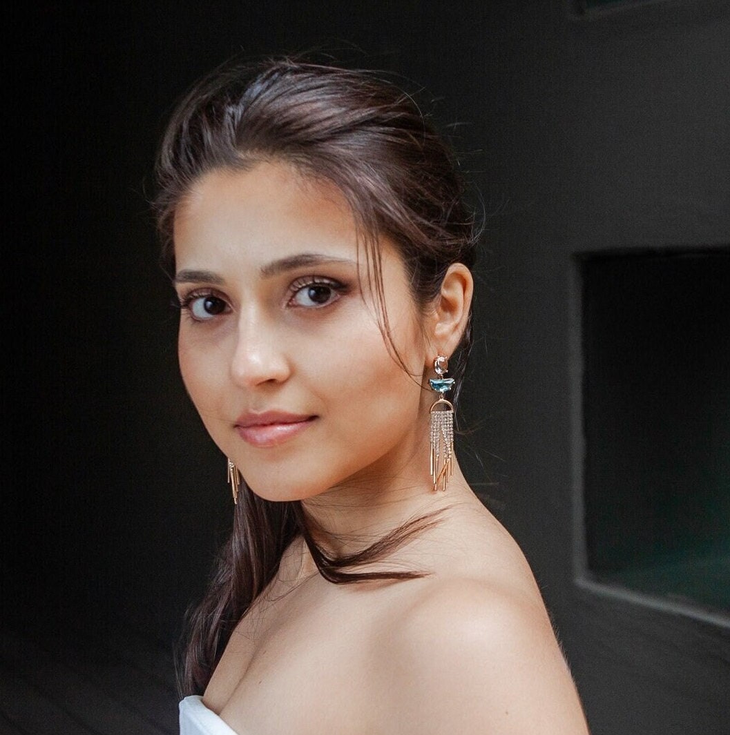 Chandellier Statement Dangle Earrings; Crystal earrings; Party Earrings; Gold and Blue Stone Earrings; Gift for her; Wedding Guest Earrings;