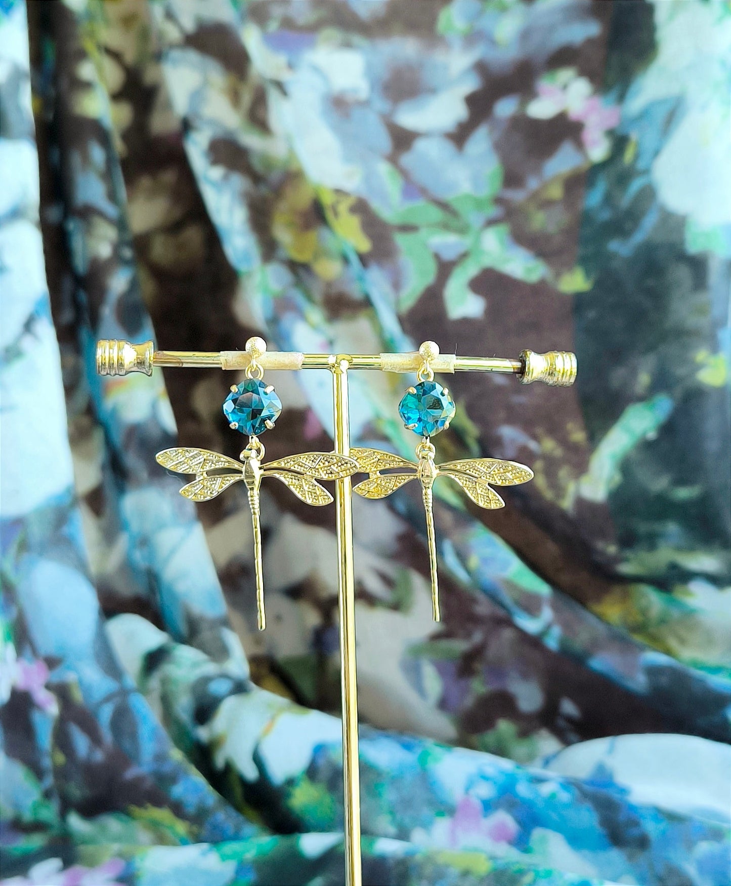 Statement Dangle Earrings; Party Earrings; Gold and Blue Stone Earrings; Dragonfly Earrings; Gift for her; Party and Wedding Guest Earrings;