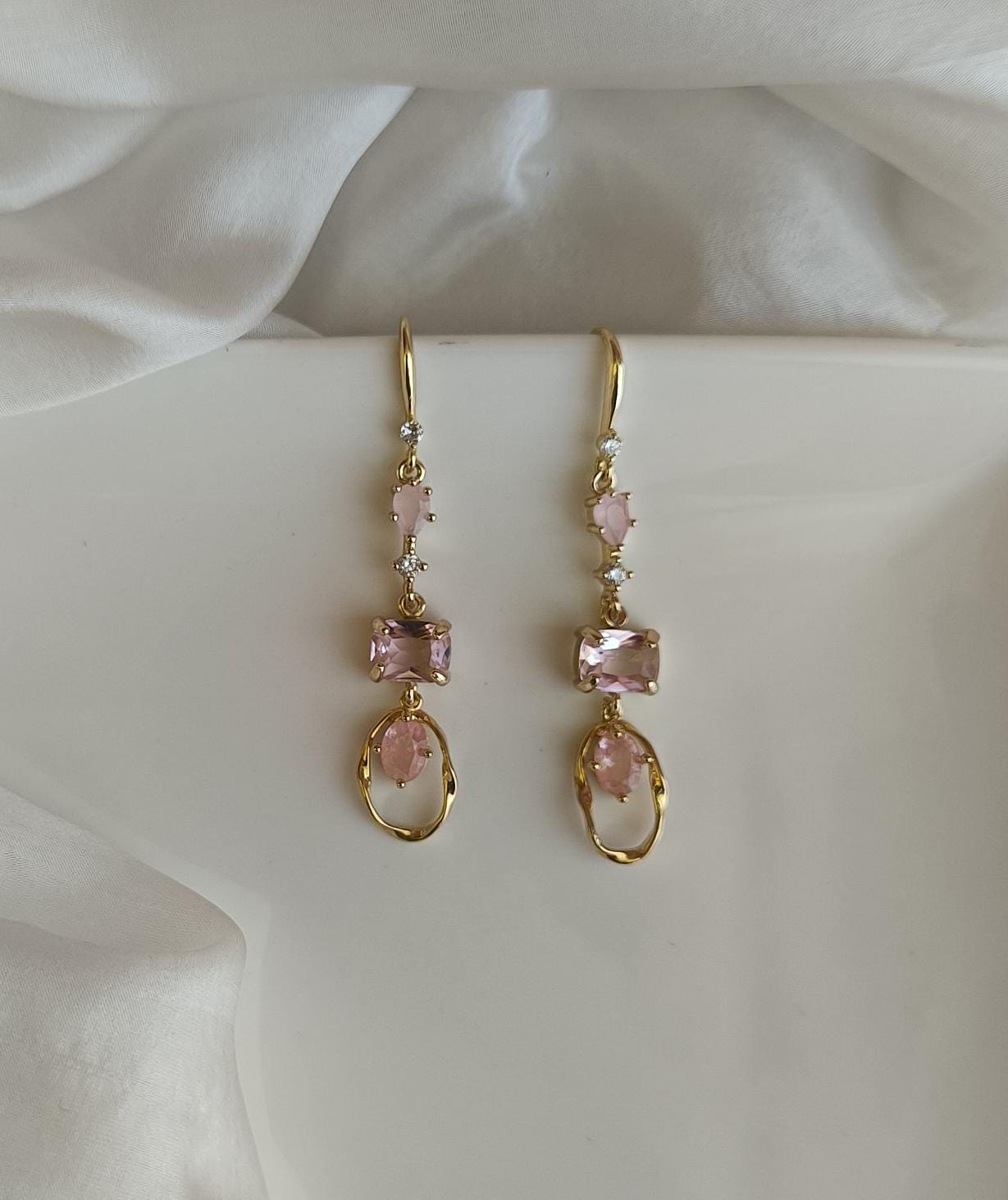 Pastel Pink Crystal Dangle Earrings; Gold Earrings; Statement Earrings; Party Earrings; Gift for her; Wedding Guest Earrings; Long Earrings